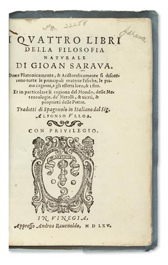 JARAVA, JUAN DE [pseud.?]. I Quattro Libri della Filosofia Naturale.  1565